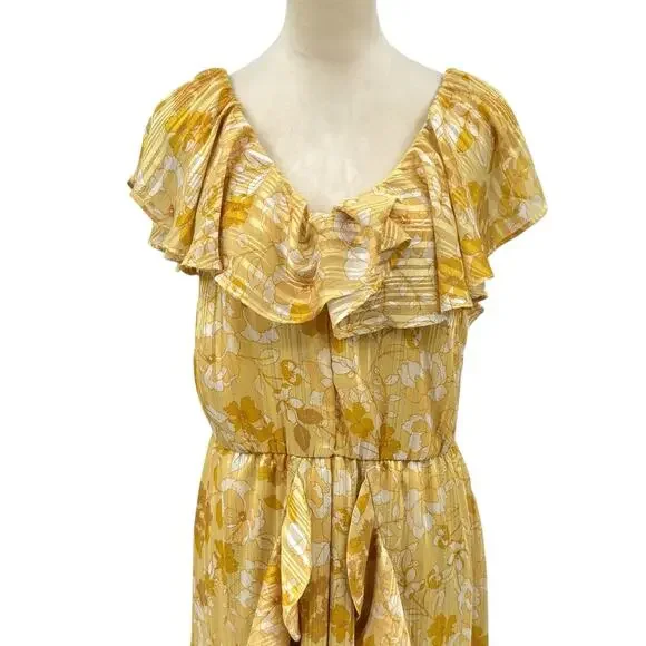 Eloquii Golden Yellow Floral Metallic Stripe Ruffle Sleeveless Maxi Dress - Picture 6 of 13